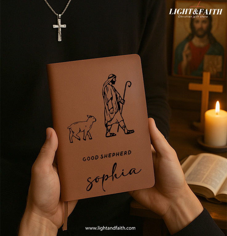 Personalized Christian Journal with "Good Shepherd" Design, Custom Name Prayer & Faith Notebook, Religious Gift, First Communion Gifts, Birthday. NBLAF25